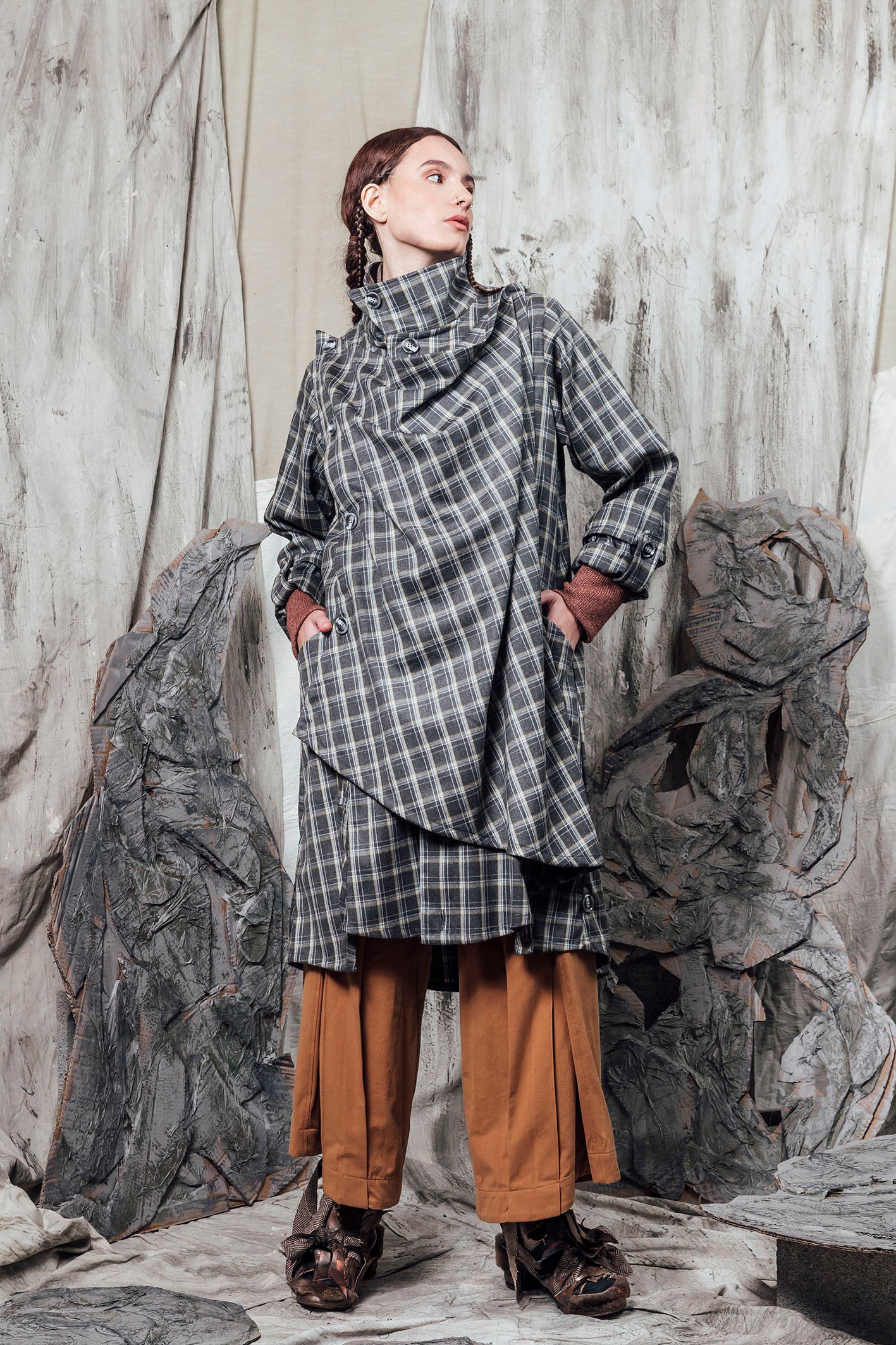 美品⭐️Reflect、ジャケット+ワンピース、シルク混ツイード生地、42_XL L】ウールシルクバーズアイ 1釦ノーカラージャケット