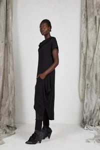 Black Draped Knit Dress with Detachable Hood