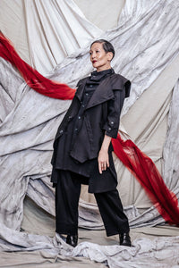 Women's Unisex Black Bamboo Asymmetrical Drape Lapel Button Vest