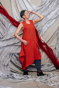 Vermilion Red Cotton Asymmetrical Draped Tunic Dress with pockets