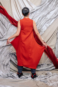Vermilion Red Cotton Asymmetrical Draped Tunic Dress with pockets