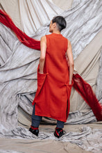 Load image into Gallery viewer, Vermilion Red Cotton Asymmetrical Draped Tunic Dress with pockets