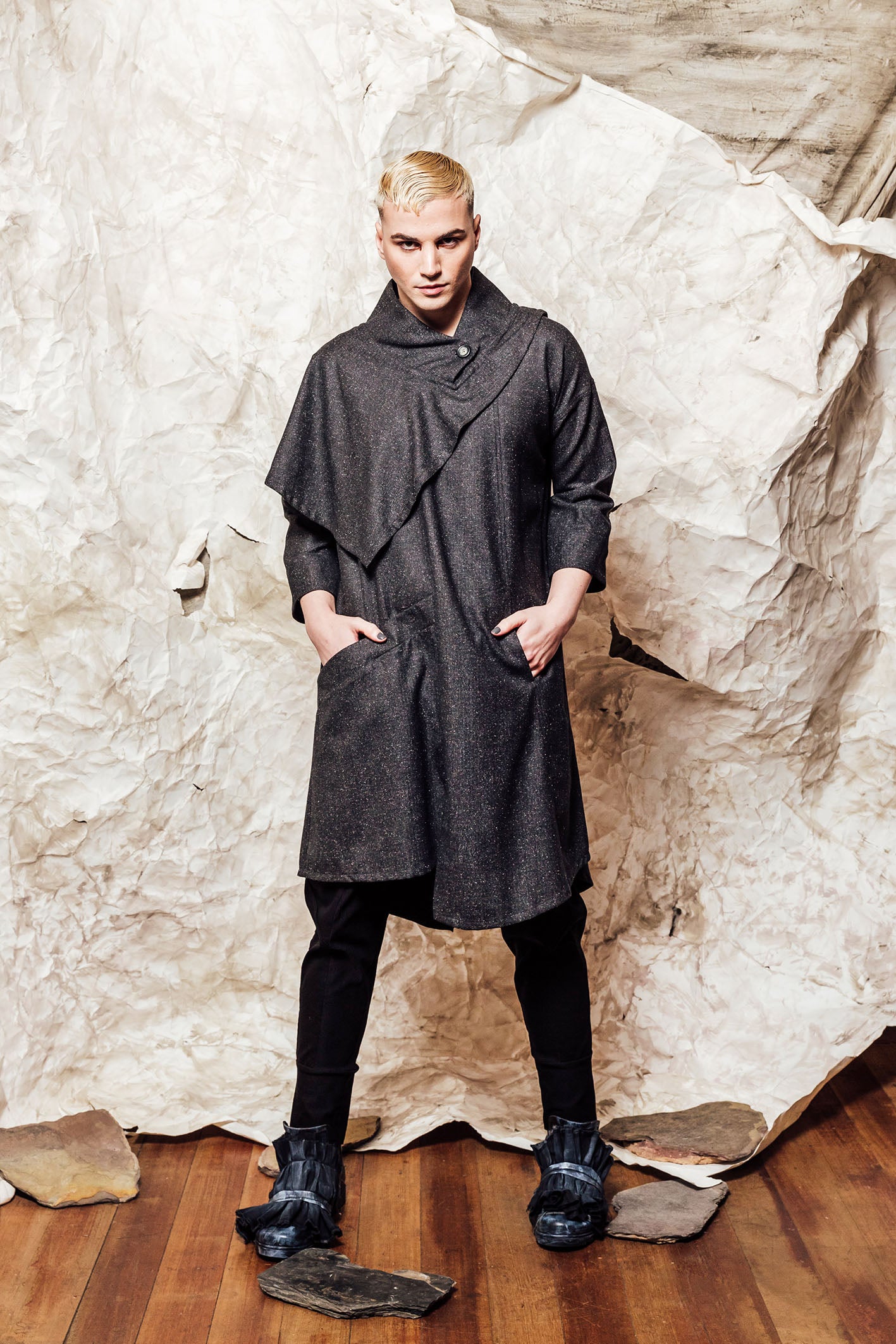 AW22 CLARICE SCARF TUNIC DRESS - CHARCOAL HERRINGBONE