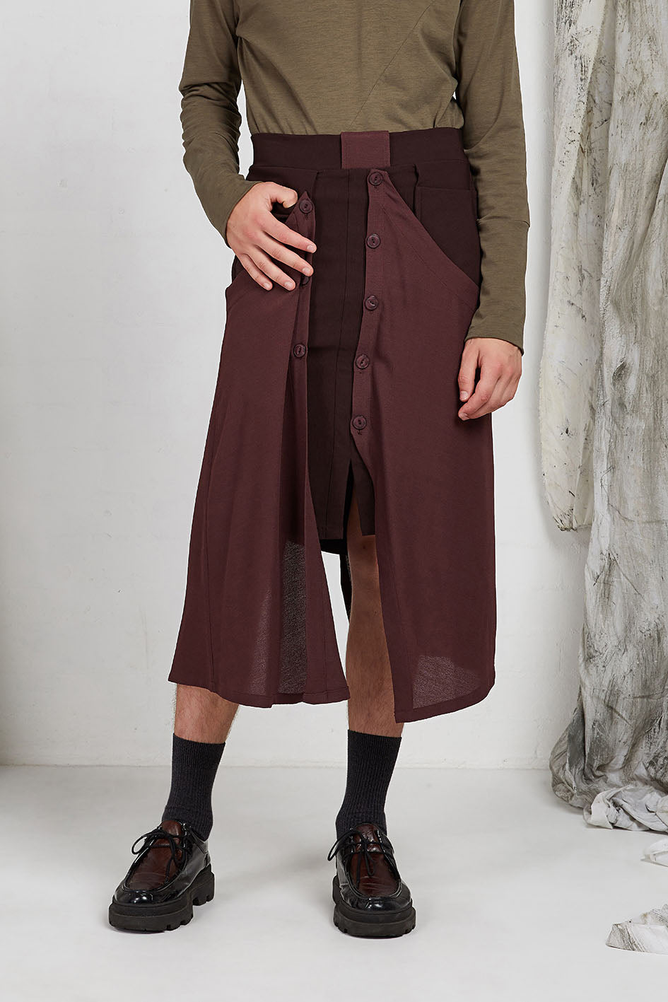Tailored Menswear Unisex Skirt with Button off Drape Panels and pockets