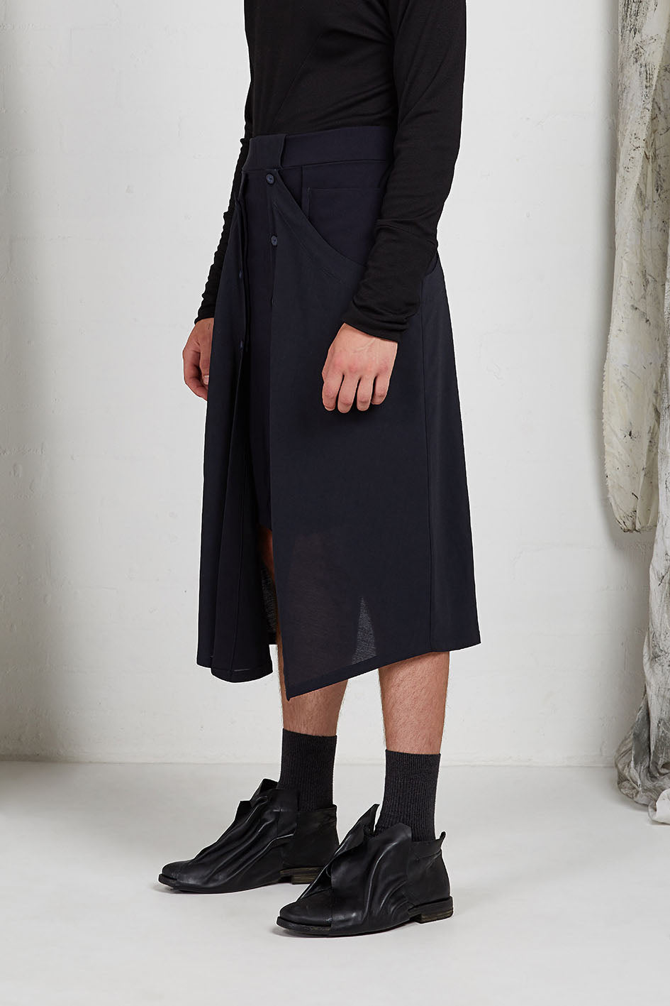 Tailored Menswear Unisex Skirt with Button off Drape Panels in Italian Wool Crepe Suiting