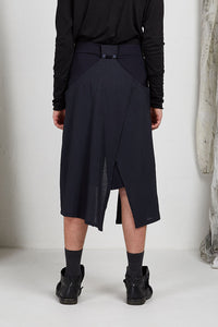 Tailored Menswear Unisex Skirt with Button off Drape Panels in Navy Italian Wool