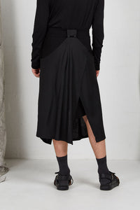 Black Viscose Tailored Menswear Unisex Skirt with Button off Drape Panels